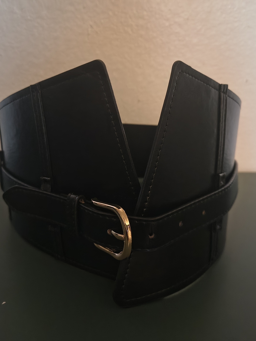 Black Leather Wide Belt with Gold Buckle - Men Accessories